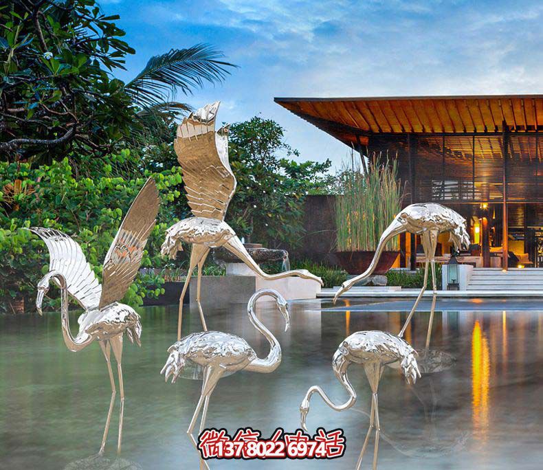 不銹鋼火烈鳥雕塑，游樂園擺放鏡面裝點