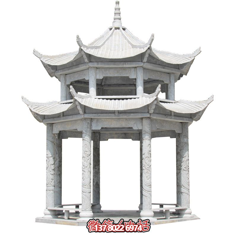 精美大理石雙層柱涼亭，雕塑點(diǎn)綴休息亭