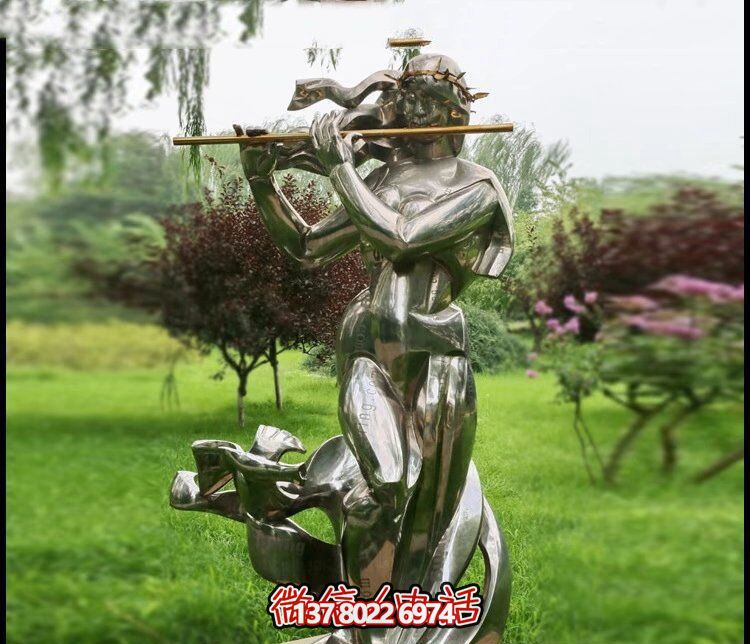 戶(hù)外不銹鋼草坪創(chuàng)意吹笛子的女孩公園吹奏雕塑
