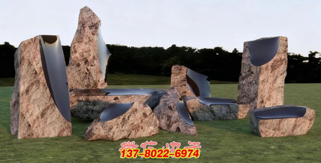 《石語?鏡界》石雕與鏡面不銹鋼結(jié)合景觀雕塑